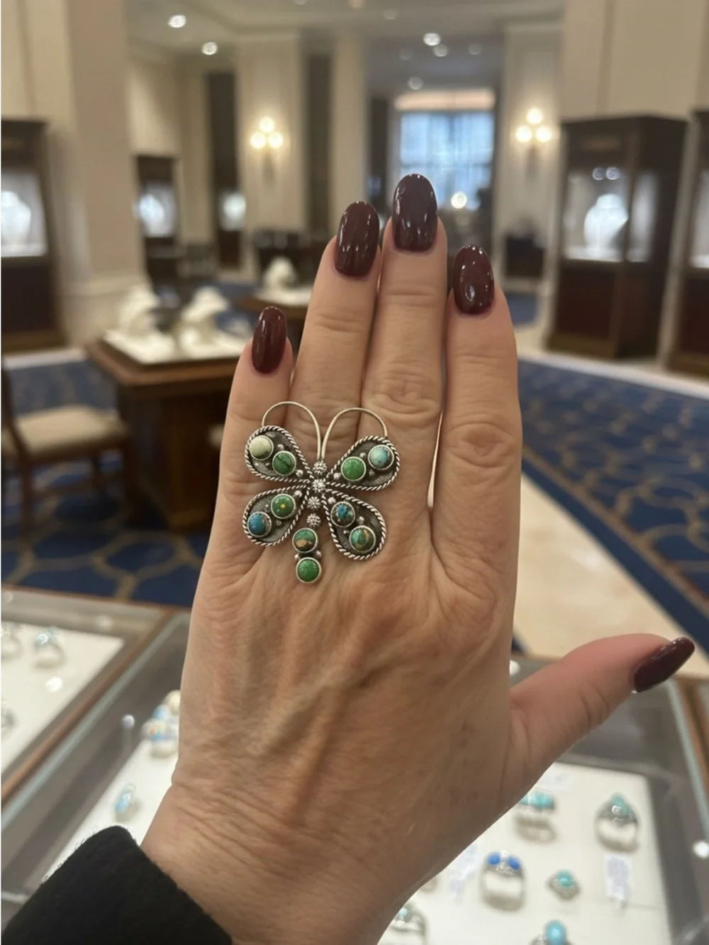 Sterling Silver Kingman‎ Turquoise Green Butterfly statement ring